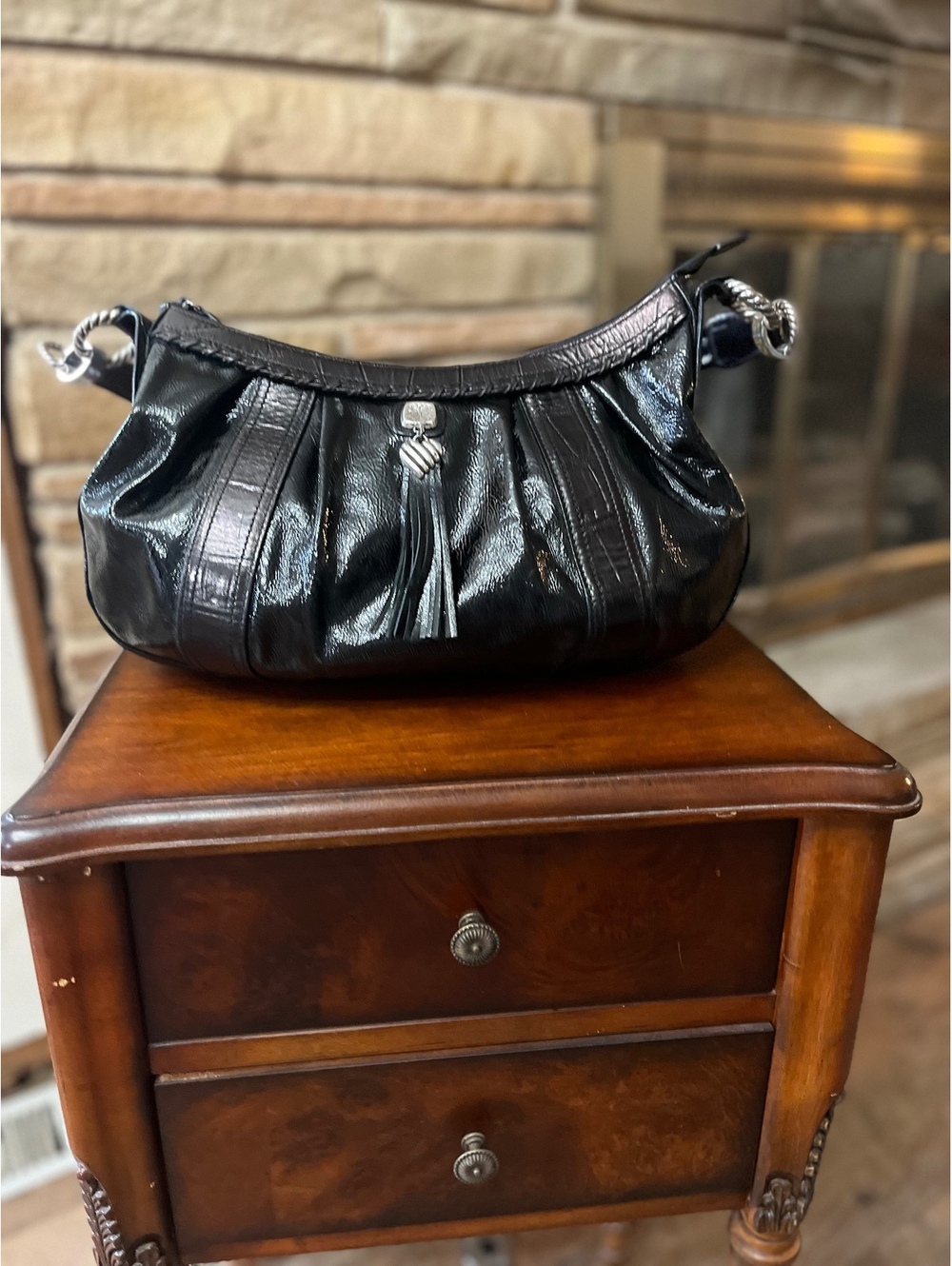Brighton Black Patent Croc Leather Tassel Hobo Bag Purse Serial D523574 VTG
